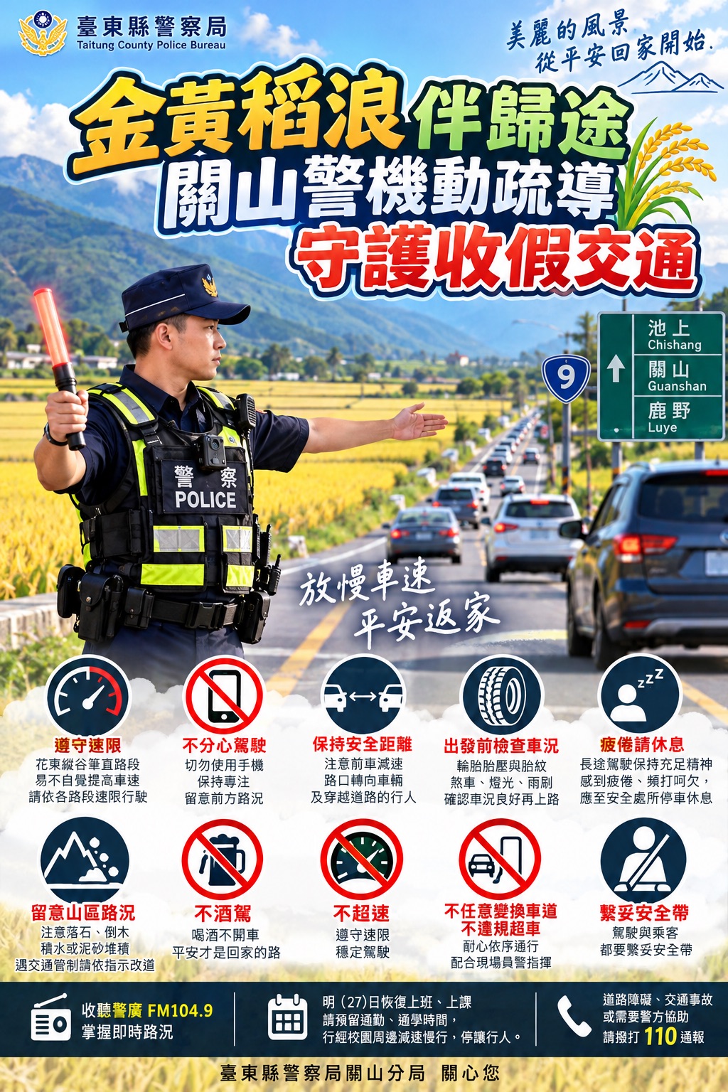 臺東縣警察局關山分局收假交通安全宣導海報