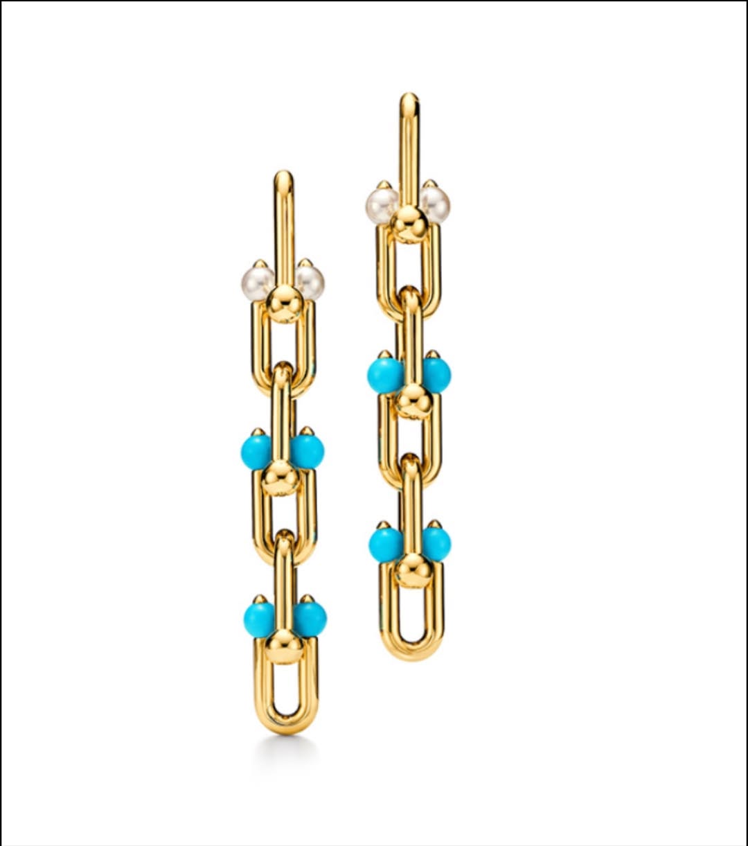 Tiffany HardWear 18K 金鏈結耳環,綴以綠松石與珍珠