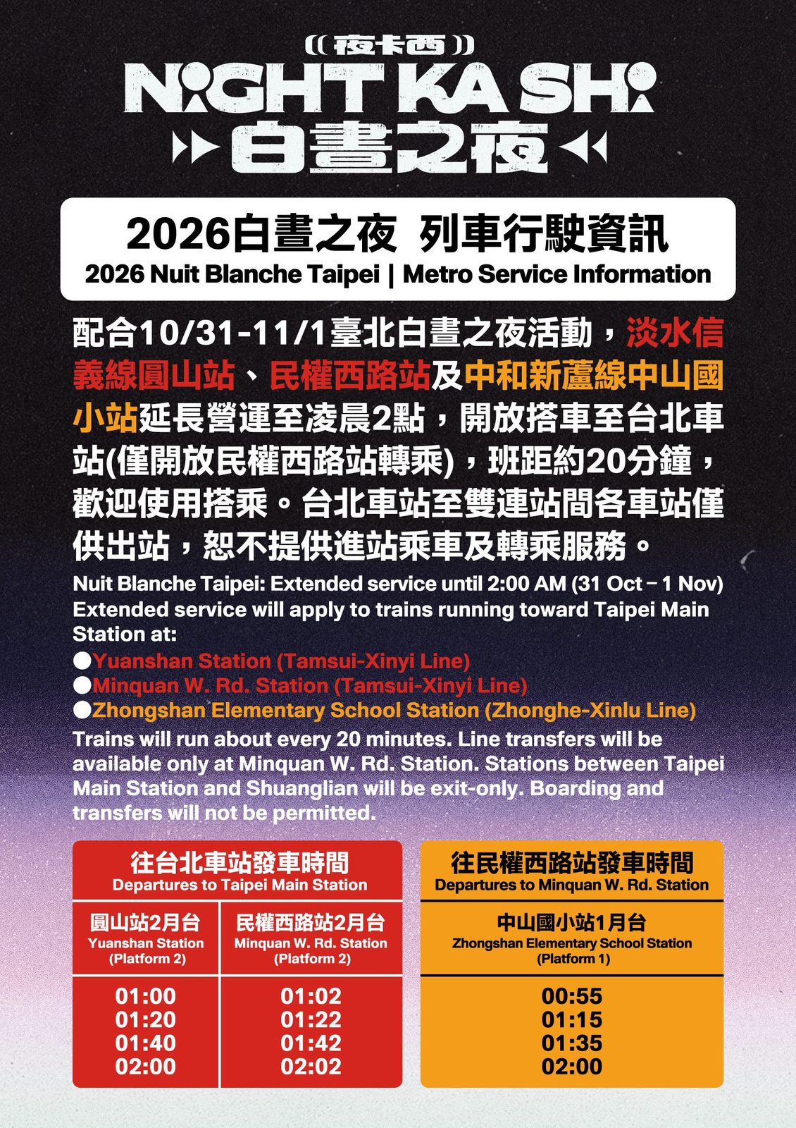 配合2026白晝之夜到深夜!「這3站」延長營運至11/1凌晨2時 北捷因應多場大型活動視人潮狀況加發列車疏運