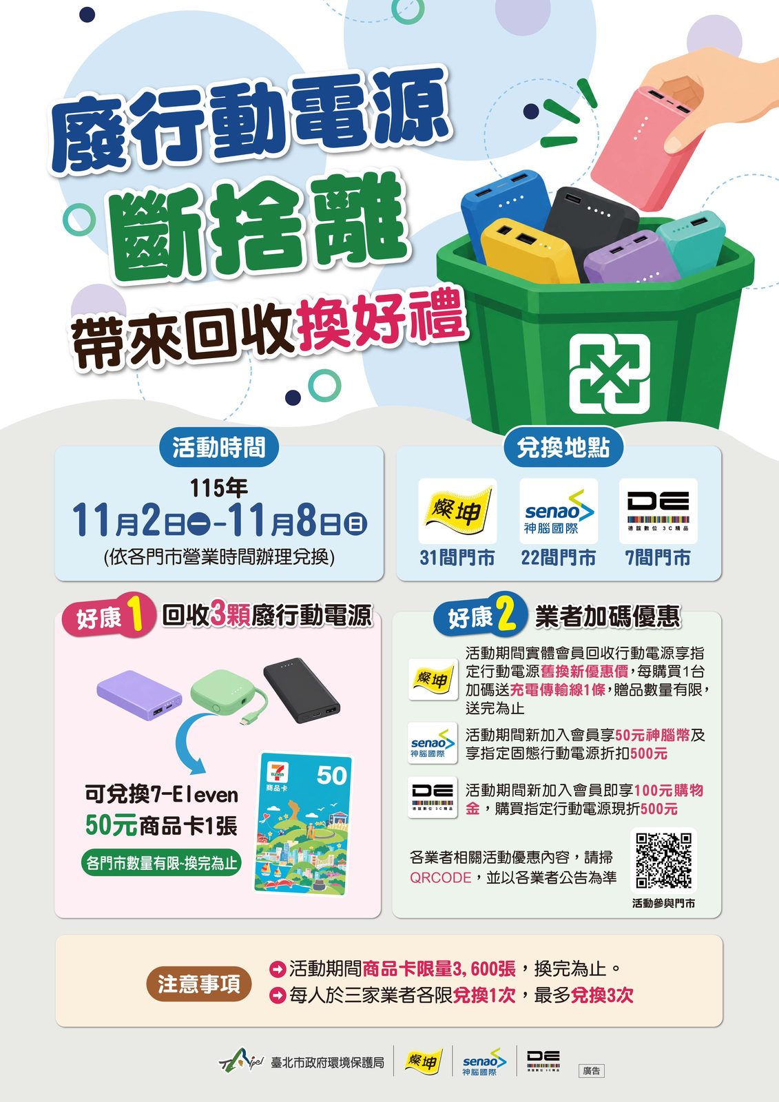 北市環保局攜3業者回收廢行動電源 11月2日起3顆換50元商品卡