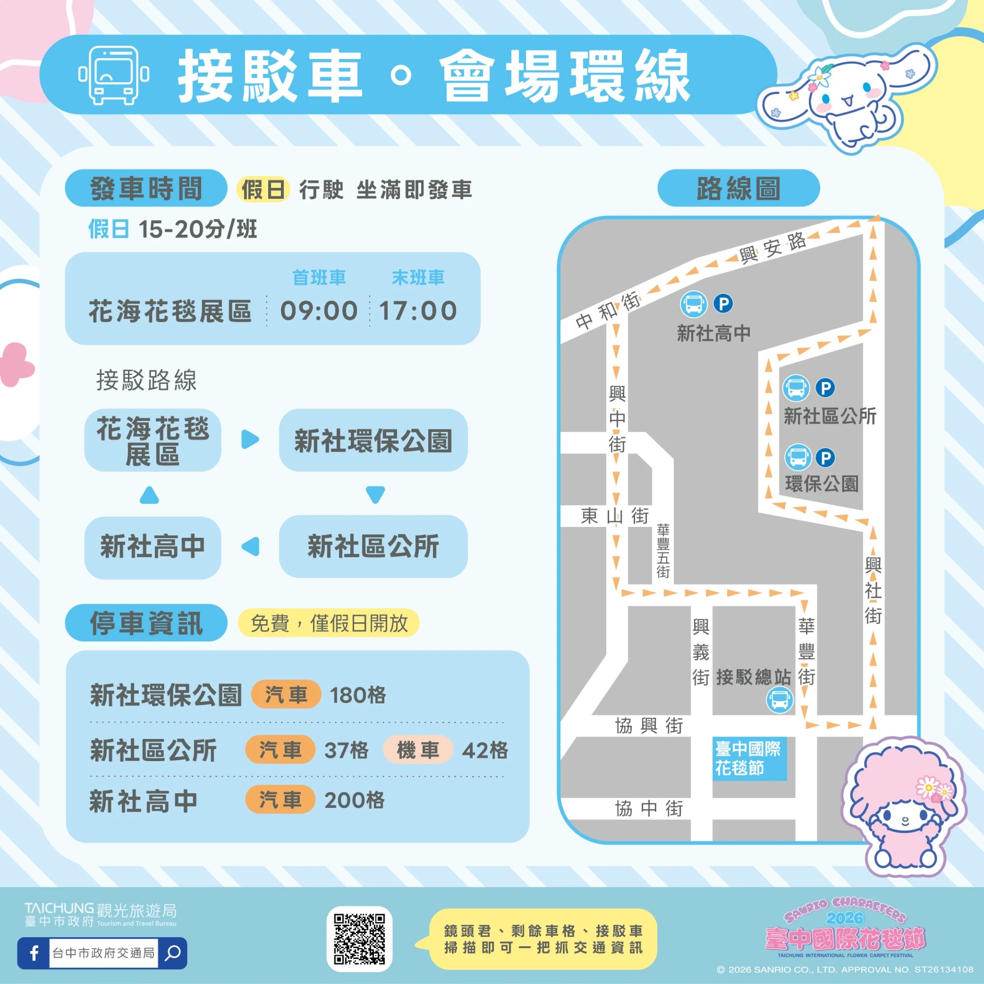 假日接駁車會場環線路線及停車資訊（圖／臺中市政府）