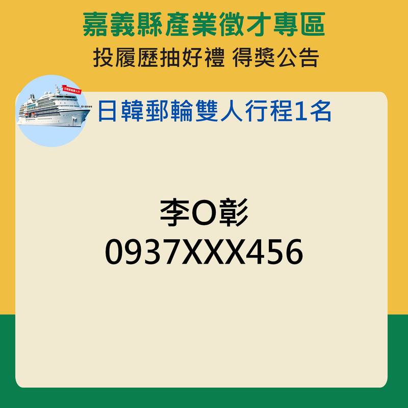 嘉義縣投履歷抽好禮 郵輪行程、iPhone等百項獎品開獎