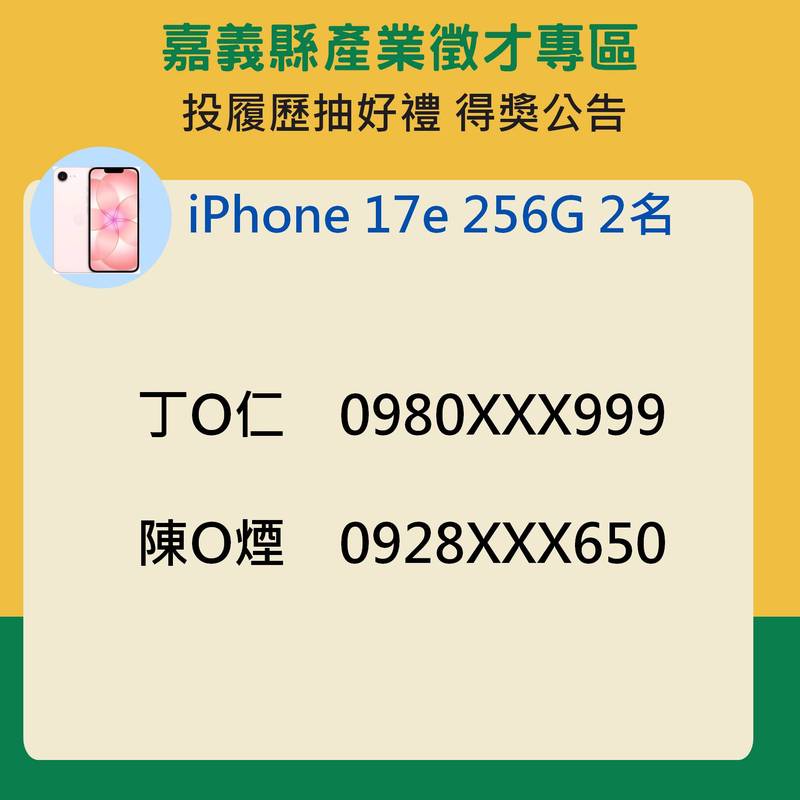 嘉義縣投履歷抽好禮 郵輪行程、iPhone等百項獎品開獎