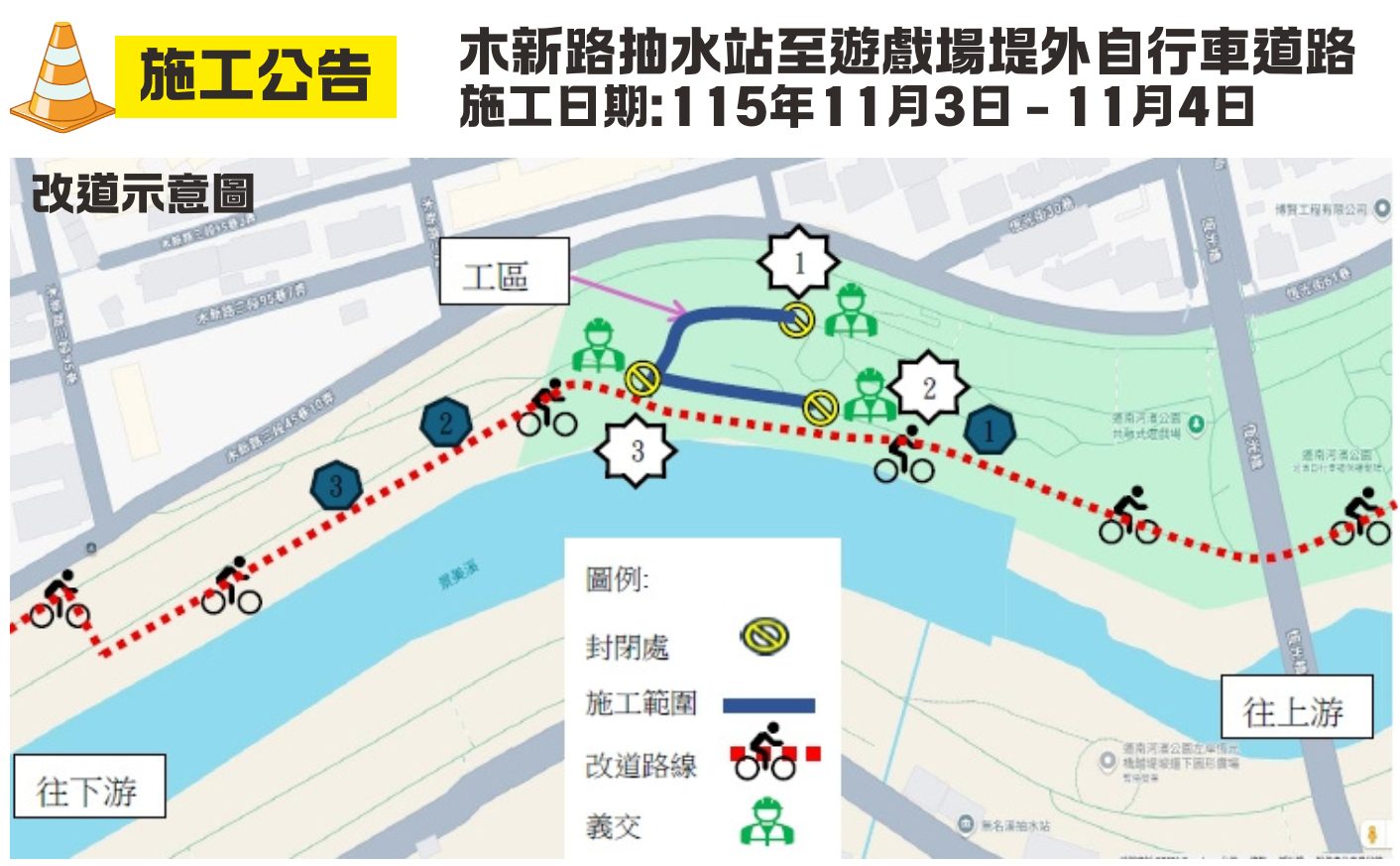 木新路抽水站至遊戲場堤外自行車道 11/3-4 因施工封閉